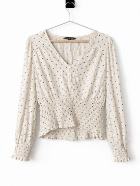 American Eagle Outfitters Cream Polka Dot Smocked Peplum Blouse